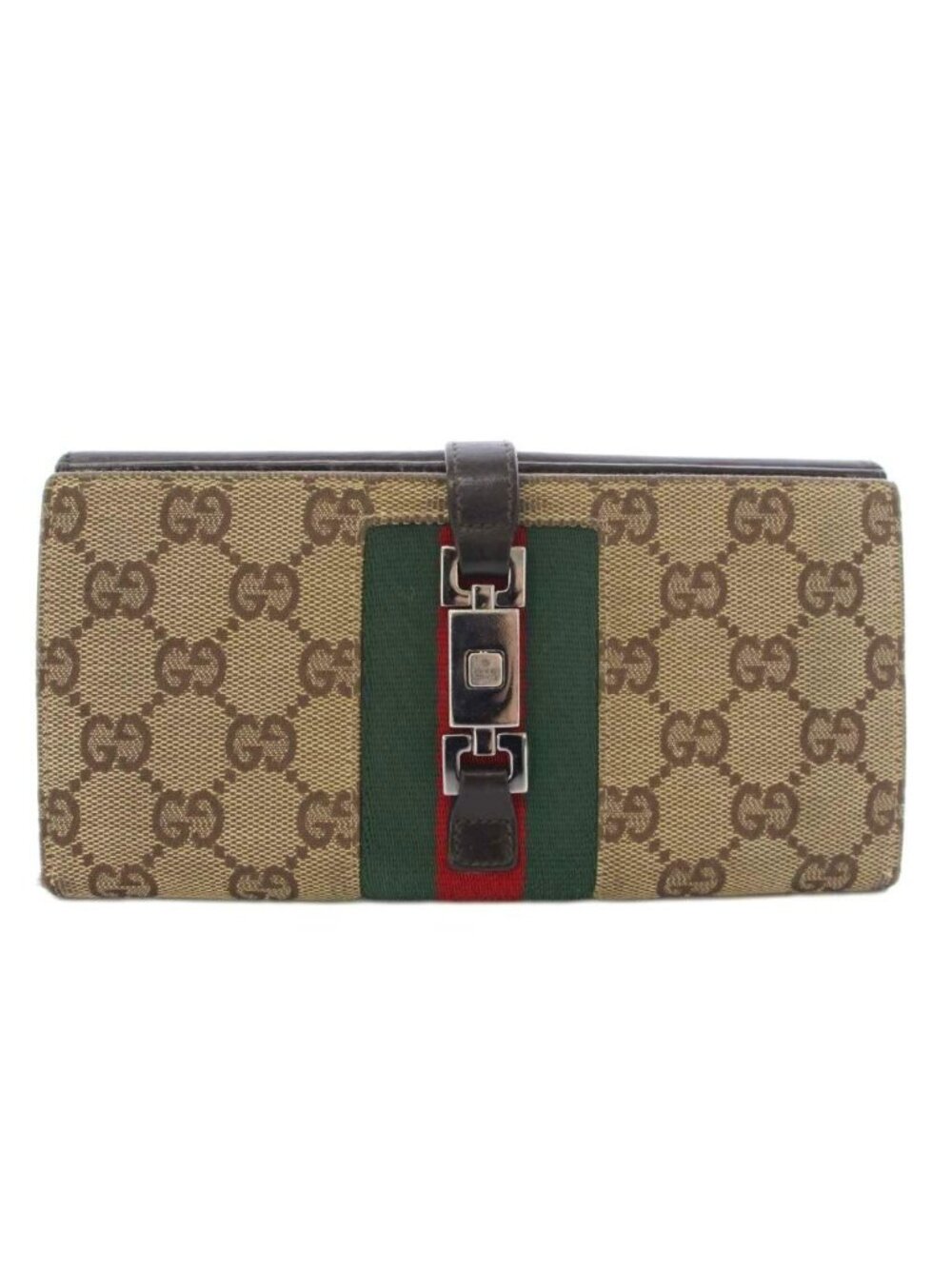 Gucci Jackie Wallet Bifold Canvas Leather Black Beige TK